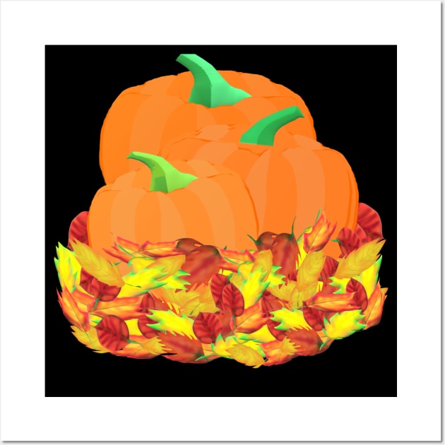 Autumn Pumpkins and Leaves (Black Background) Wall Art by Art By LM Designs 